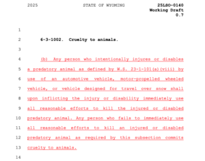 A screenshot of the uploaded PDF of the draft bill the Wyoming Legislature Committee heard today. The bill language is in red on a white background.