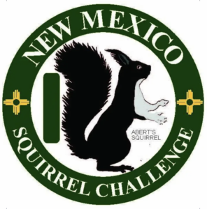 Logo with a hunter green circle reading "New Mexico Squirrel Challenge" with a yellow square cross equidistant in the middle. A drawing of Abert's squirrel is in the middle. 