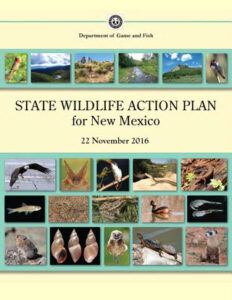 Cover of the 2016 New Mexico State Wildlife Action Plan, light yellow with small boxes showing images of animals and landscapes