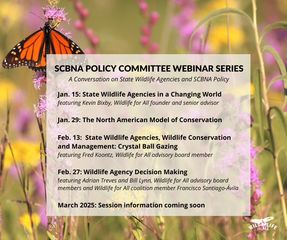 A monarch butterfly sits in the upper-left corner of a field of wildflowers. The text reads, "SCBNA Policy Committee Webinar Series A Conversation on State Wildlife Agencies and SCBNA Policy. Jan. 15: State Wildlife Agencies in a Changing World featuring Kevin Bixby, Wildlife for All founder and senior advisor Jan. 29: The North American Model of Conservation Feb. 13: State Wildlife Agencies, Wildlife Conservation and Management: Crystal Ball Gazing featuring Fred Koontz, Wildlife for All advisory board member Feb. 27: Wildlife Agency Decision Making featuring Adrian Treves and Bill Lynn, Wildlife for All advisory board members and Wildlife for All coalition member Francisco Santiago-Ávila March 2025: Session information coming soon" 