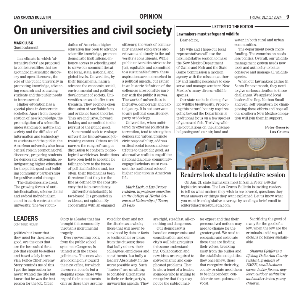 Image from the Las Cruces Bulletin of a letter to the editor on this New Mexico wildlife reform bill from Peter Ossorio