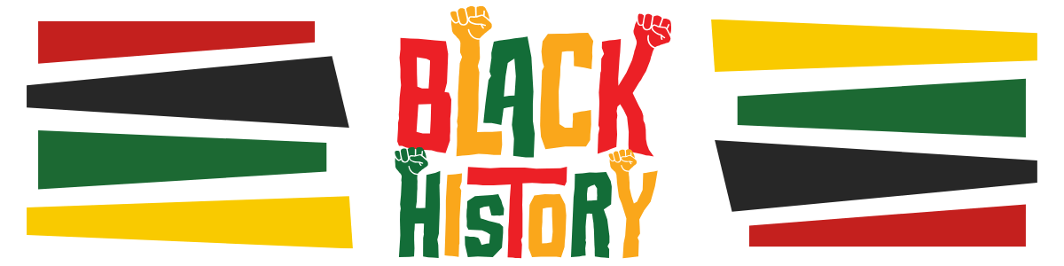 Red, yellow, green, and black geometric-shaped chunky lines surround an illustration that reads "Black History Month" with fists of power rising from letters. 