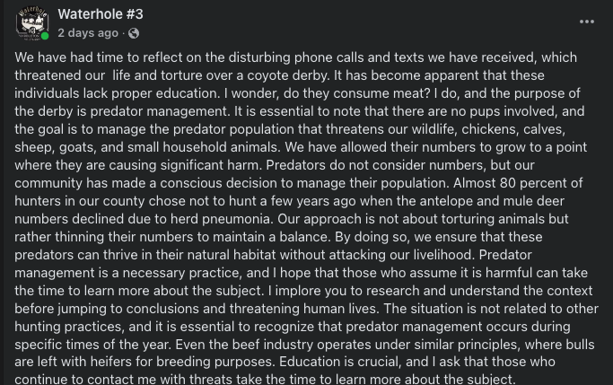 A screenshot of the Facebook post from the bar organizing the coyote killing contest, which is full of misinformation.