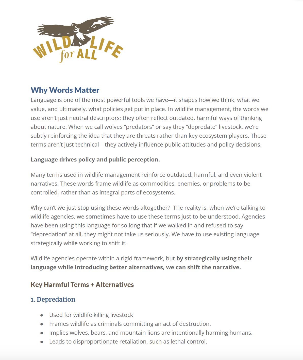 A screenshot of the Words Matter language guide, a pDF document with the Wildlife for All logo at the tiop.