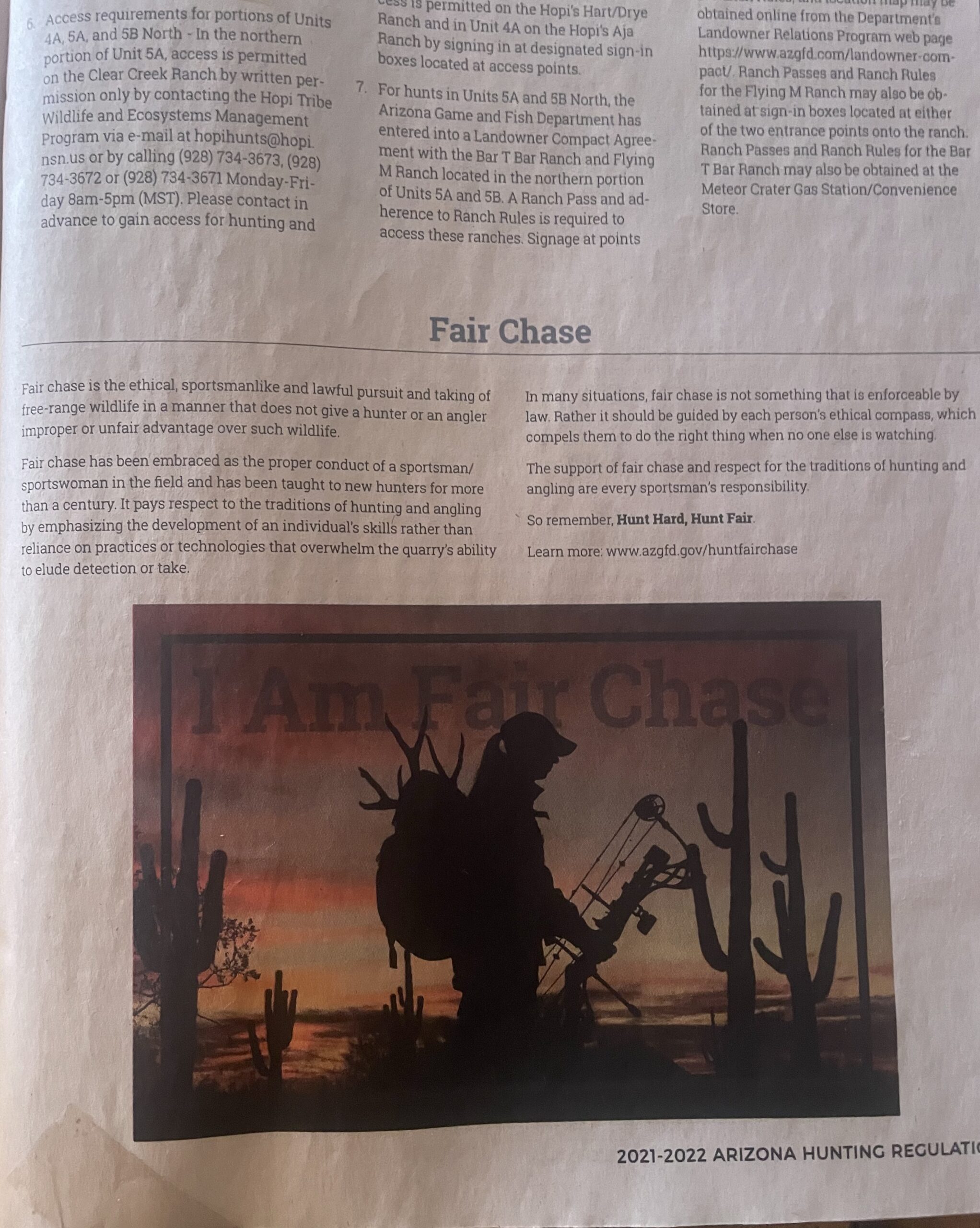 A snapshot of the 2021-2022 Arizona hunting guide that shows its fair chase policy. Wildlife organizations have filed a rulemaking petition with the Arizona Game and Fish Commission to end hound hunting in Arizona to protect wildlife. 