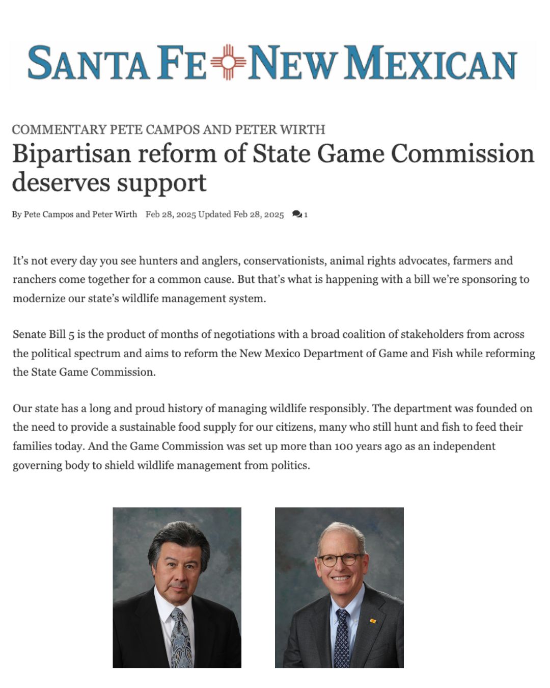 Screenshot of an op-ed by SB 5's sponsors in the Santa Fe New Mexican to celebrate SB 5 passes in the Senate.