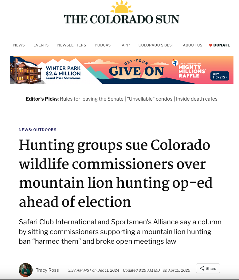 A clipping from the Colorado Sun, December 11, 2024.the headline reads, "Hunting groups sue Colorado wildlife commissioners over mountain lion hunting op-ed ahead of election." 
