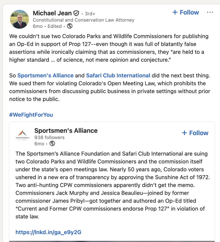 A screenshot of the lead attorney for Sportsmen Alliance's LinkedIn post where he admits the lawsuit against the CPW commission is designed to silence viewpoints his organization disagrees with.